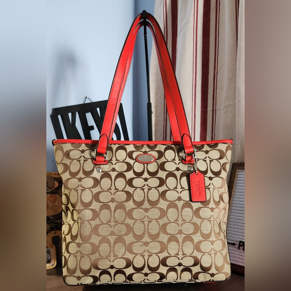Coach Signature Khaki Canvas Gallery Tote with Red Leather Trim & Straps. NWOT